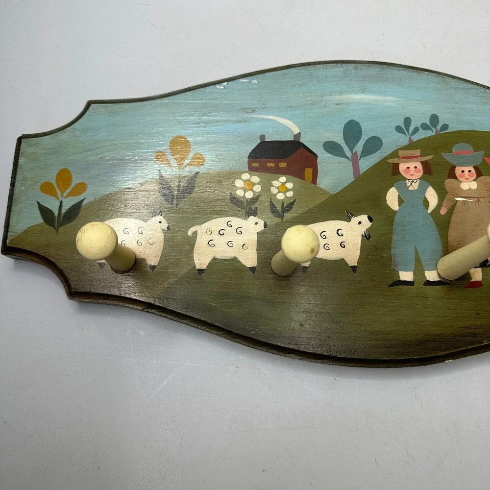 Vintage 1963 Folk Art Hand Painted Wood Wall Rack Sheep Pastoral Scene A Erdle